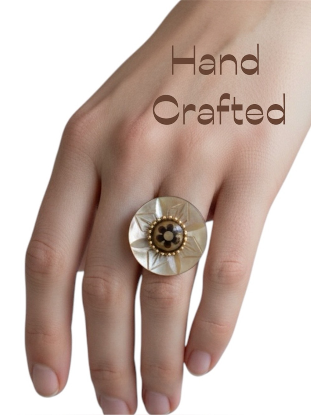 Hand Crafted Antique Mother of Pearl With Glass Flower Button Ring NWT OS